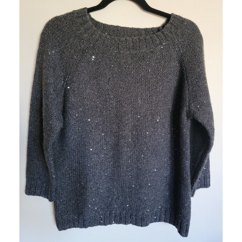 Talbots Womens Gray Sequins Wool 3/4 Sleeve Crew Neck Pullover Sweater Sz Large